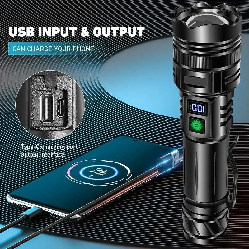 Super Bright LED Zoomable Flashlight 5 Lighting Modes Aluminum Alloy Torch with Power Display for Hiking Fishing Emergency