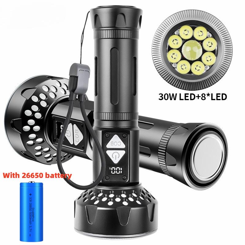 ultra bright LED Flashlight with power display USB Rechargeable Aluminum alloy Torch With COB Side Light for outdoor camping hiking fishing picnic