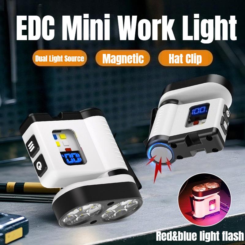 Super Bright LED Flashlight with Hat Clip 8 Lighting Modes EDC Torch with Power Display Multifunctional Work Light with Red&blue COB Light for Camping Dog Walking Working