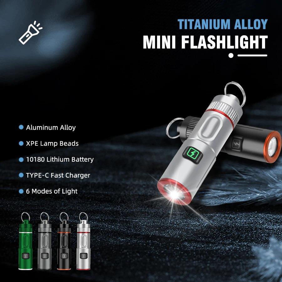 Super Bright LED USB Rechargeable Flashlight 6 Lighting Modes Zoomable Keychain Torch with Hook for Camping Hiking Night Fishing Climbing