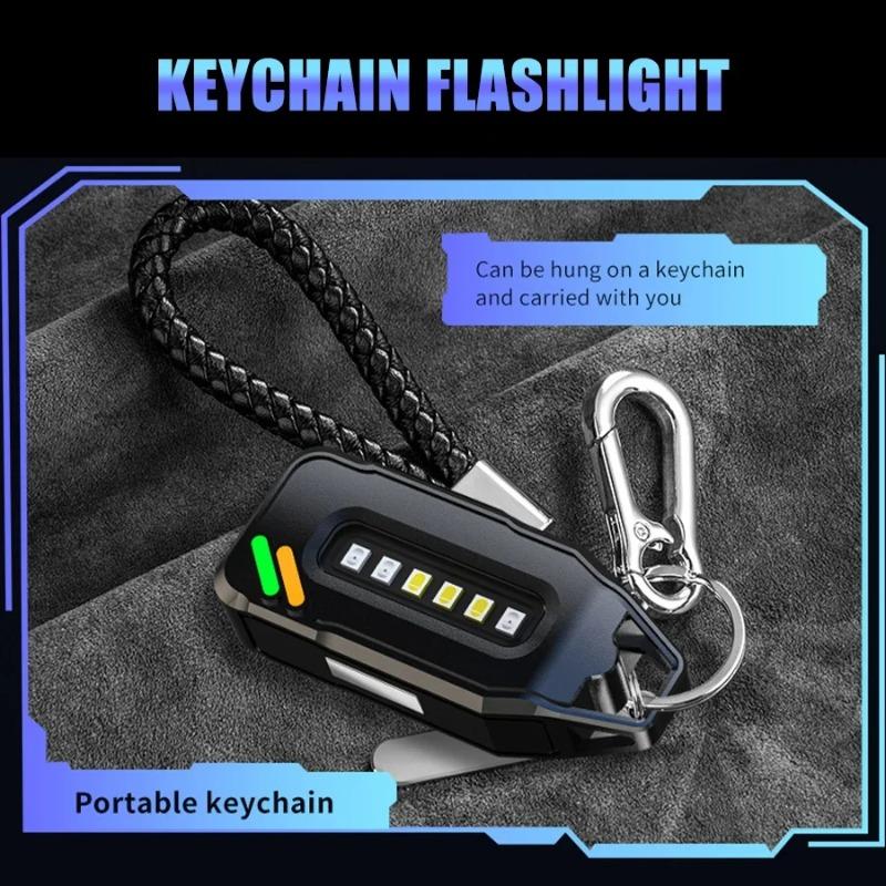 Ultra Bright LED Keychain Flashlight with Cap Clip Rechargeable 9 Lighting Modes EDC Torch with Red/Blue COB Light for Hiking Dog Walking Repairing