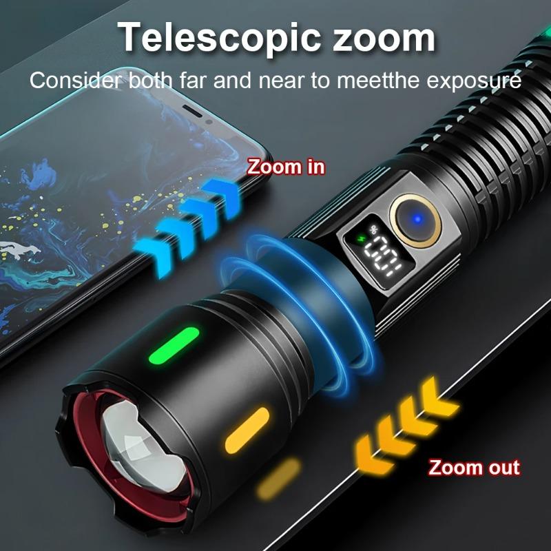 Ultra Bright LED Zoomable Flashlight 5 Lighting Modes Rechargeable Torch with COB Side Light for Hiking Fishing Maintenance