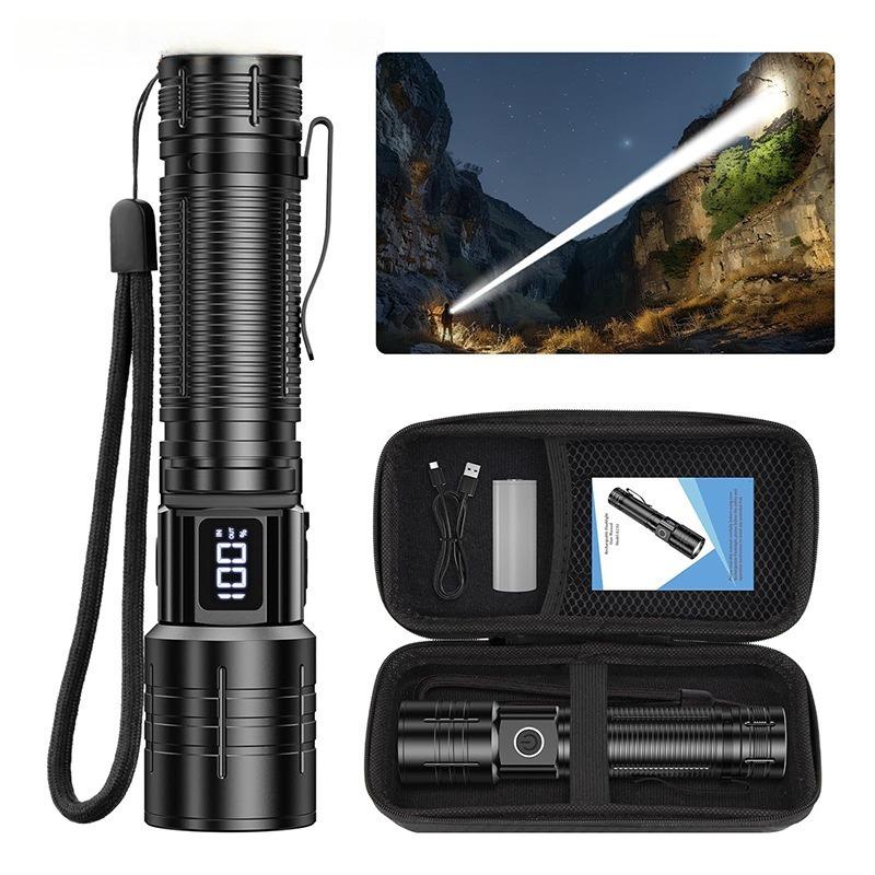 Super Bright LED Zoomable Flashlight 4 Lighting Modes Waterproof Torch with Power Display Portable Lighting for Camping Hiking Exploration