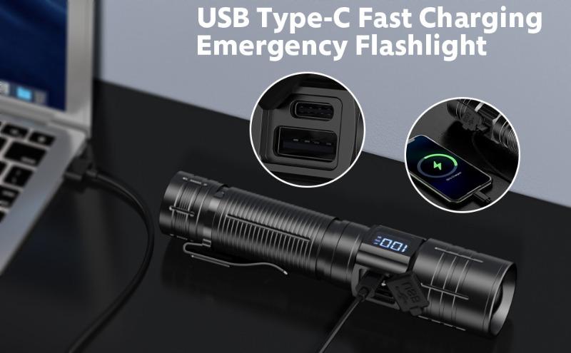 Super Bright LED Zoomable Flashlight 4 Lighting Modes Waterproof Torch with Power Display Portable Lighting for Camping Hiking Exploration