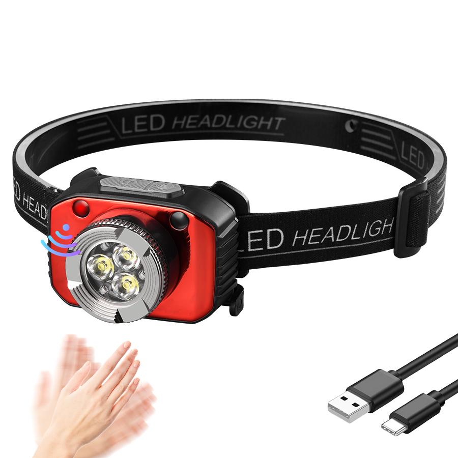 Super Bright 3LED Motion Sensor Headlamp USB Rechargeable Headlight for Outdoor Camping Hiking Fishing Cycling Climbing