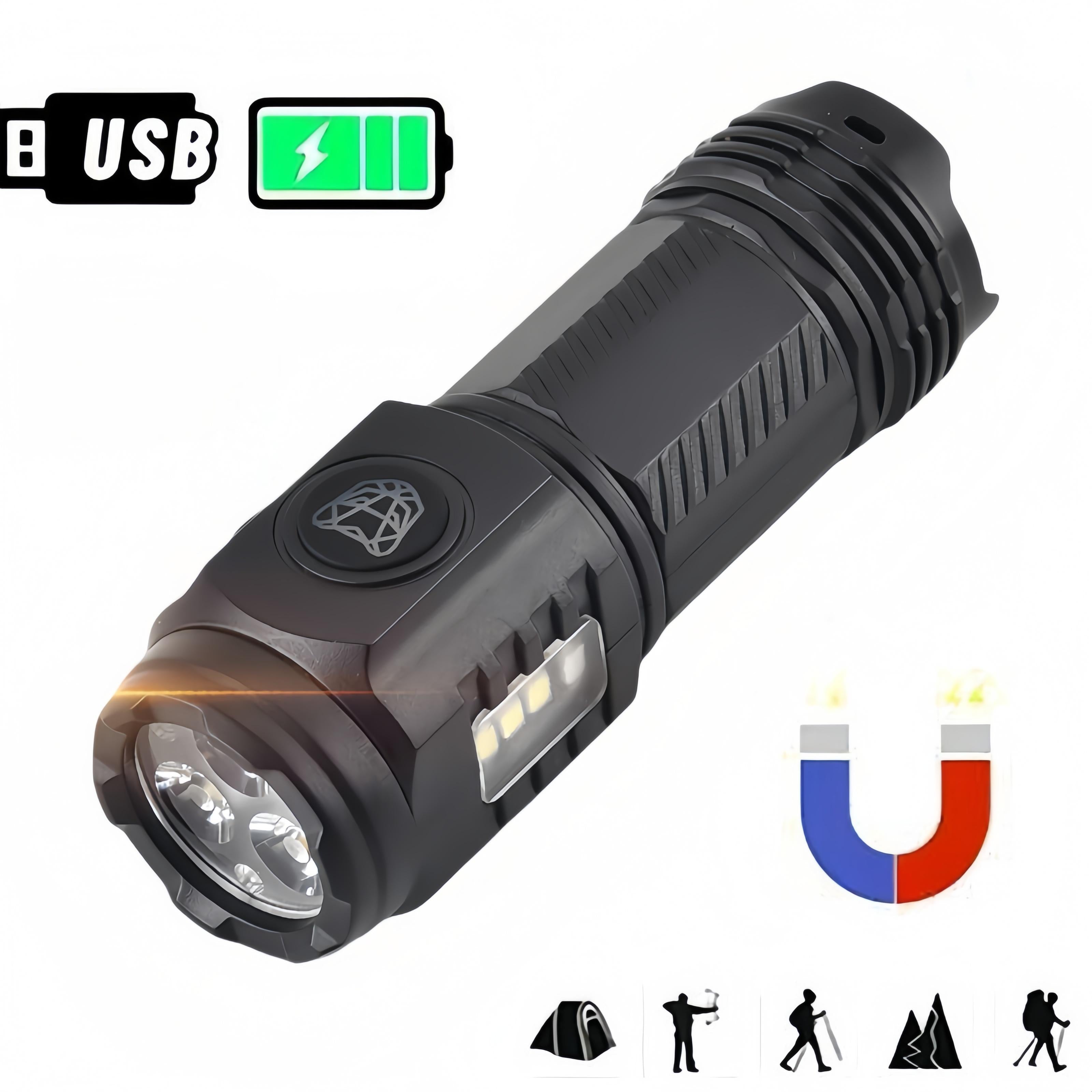 Super Bright 3LED Flashlight with Cap clips USB Recharge Mini Torch with COB Side Light Car Repair Working Lights for Outdoor Camping Hiking Fishing Cycling