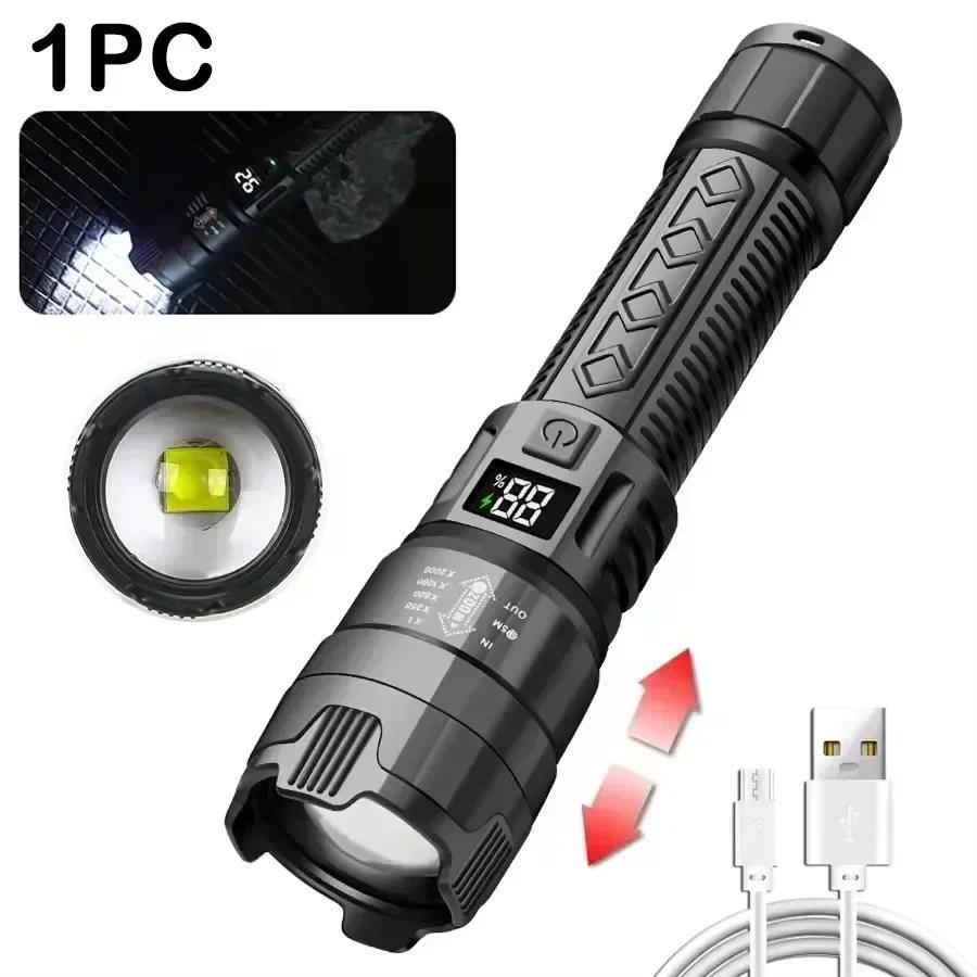 Super Bright LED Rechargeable Flashlight 3 Lighting Modes Zoomable Portable Torch with Power Display for Emergency Camping Hiking