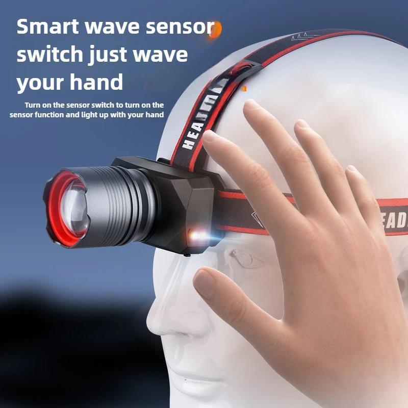 Ultra Bright LED Zoomable Flashlight Rechargeable 4 Lighting Modes Wave Sensor Torch with Battery Level Display for Outdoor Camping Fishing Cycling