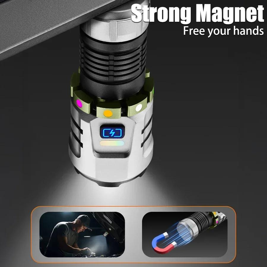 Super Bright Led Rechargeable Alloy Flashlight Multifunction 8 Lighting Modes Zoomable Torch with Red Warning for Outdoor Hiking Fishing Dog Walk