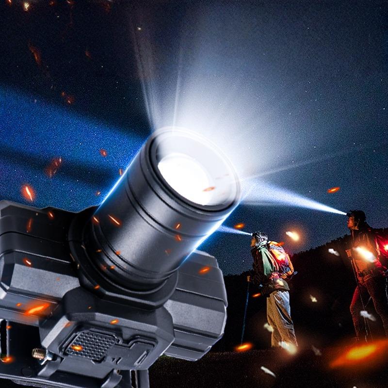 (10 Years Warranty) Super Bright LED White/Yellow Headlight Rechargeable Zoom Headamp Long Life Hands-Free Flashlight for Outdoor Camping Fishing Cycling Hiking Adventure