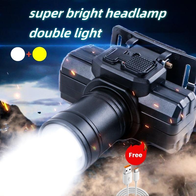 (10 Years Warranty) Super Bright LED White/Yellow Headlight Rechargeable Zoom Headamp Long Life Hands-Free Flashlight for Outdoor Camping Fishing Cycling Hiking Adventure