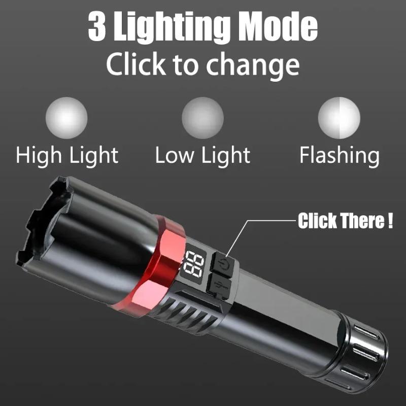 Ultra Bright LED Zoomable Flashlight  Multifunction USB Charge Torch with Power Display for Outdoor Camping Hiking Fishing