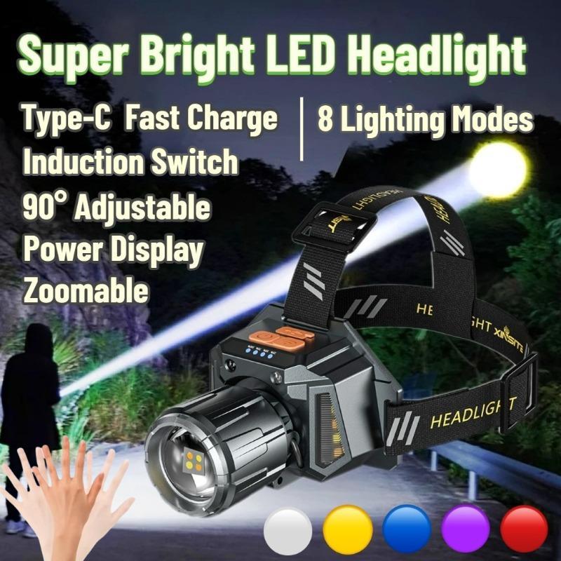 (COD) Rechargeable Headlamp 90° Adjustable Zoomable LED Headlight with COB Side Light for Outdoor Camping Hiking Fishing Cycling