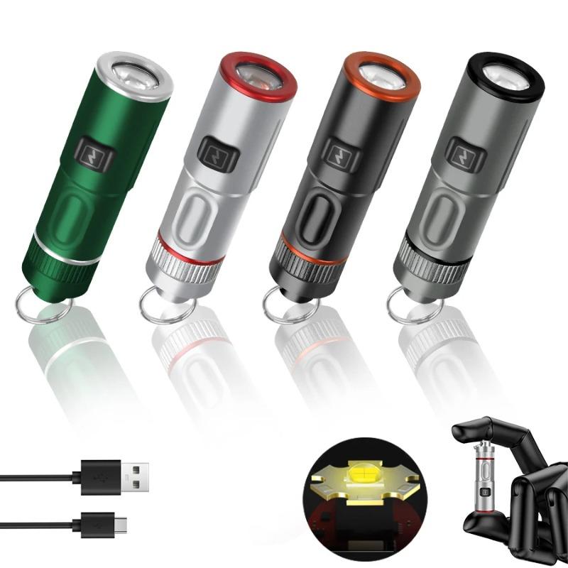 Super Bright LED USB Rechargeable Flashlight 6 Lighting Modes Zoomable Keychain Torch with Hook for Camping Hiking Night Fishing Climbing