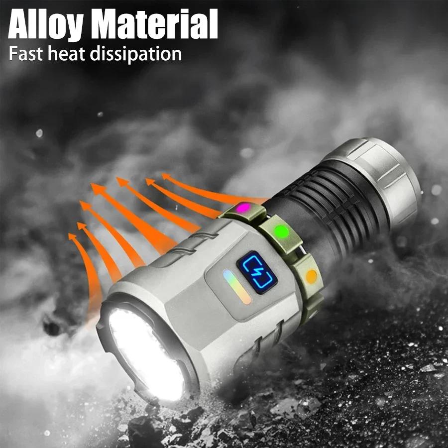 Super Bright Led Rechargeable Alloy Flashlight Multifunction 8 Lighting Modes Zoomable Torch with Red Warning for Outdoor Hiking Fishing Dog Walk