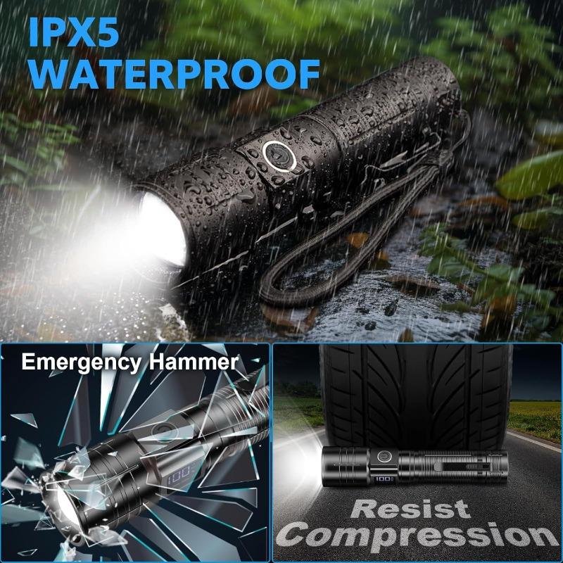 Super Bright LED Zoomable Flashlight 4 Lighting Modes Waterproof Torch with Power Display Portable Lighting for Camping Hiking Exploration