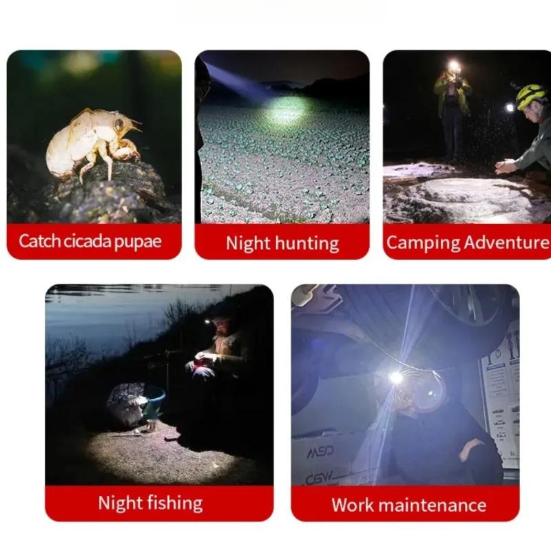 Ultra Bright LED Zoomable Headlight Rechargeable High Lumens Waterproof HeadLamp with Red Warning Light for Hiking Cycling Fishing