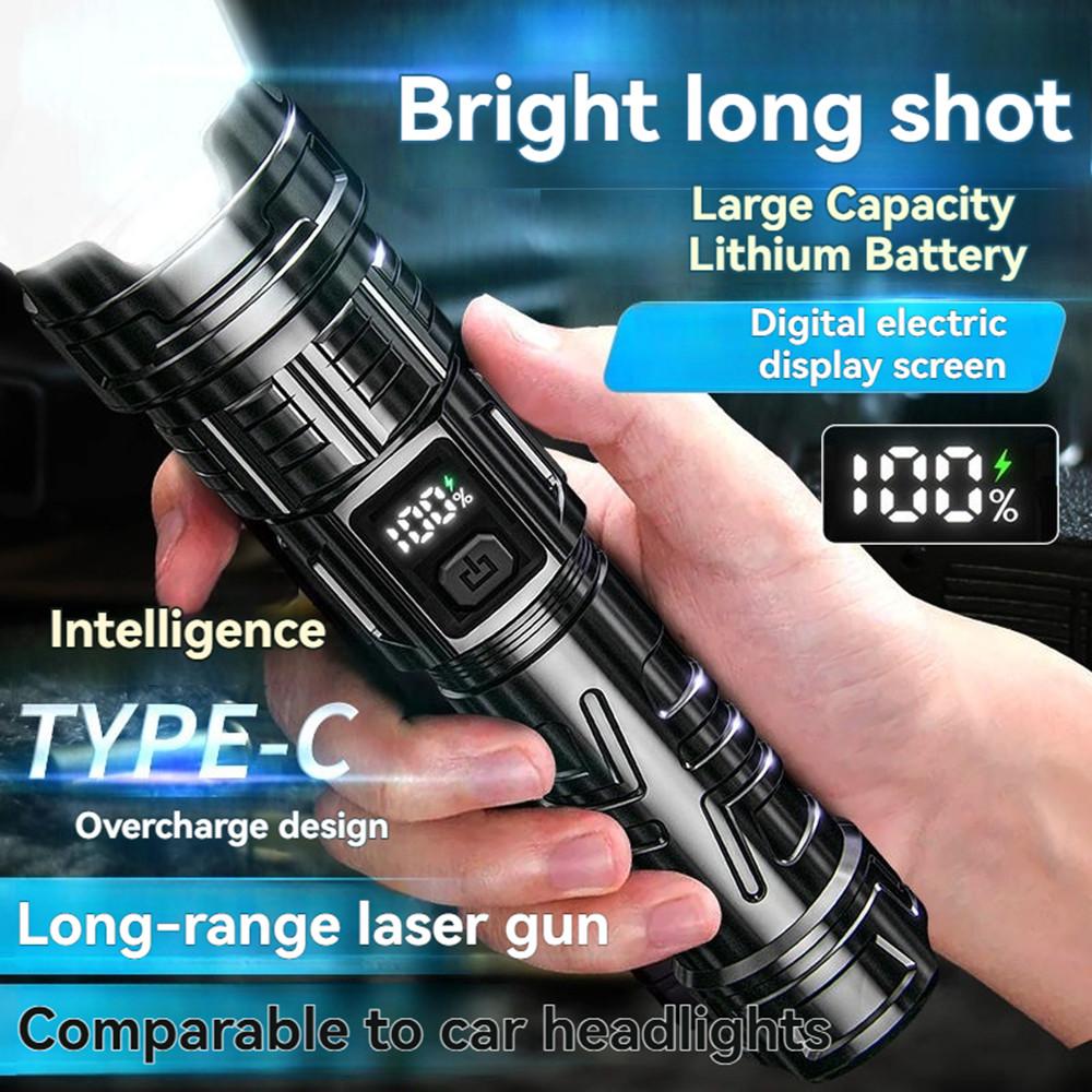 Super Bright Powerful LED Flashlight USB charging zoomable Torch with power display for outdoor camping hiking fishing picnic