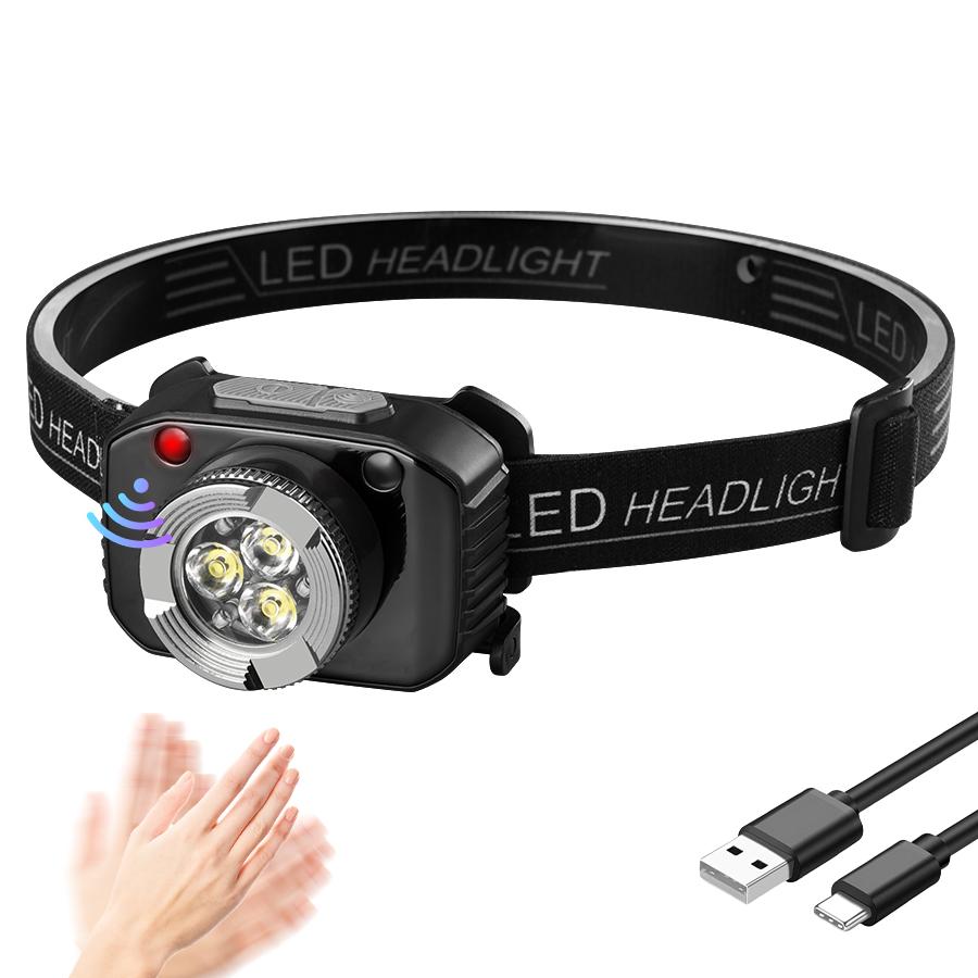 Super Bright 3LED Motion Sensor Headlamp USB Rechargeable Headlight for Outdoor Camping Hiking Fishing Cycling Climbing