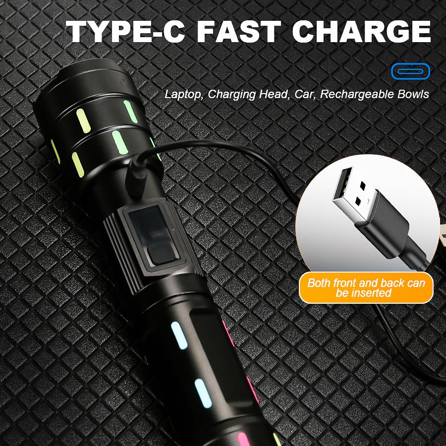 Ultra Powerful LED Zoomable Flashlight 5 Lighting Modes Rechargeable Waterproof Torch with Power Display for Camping Fishing Emergency
