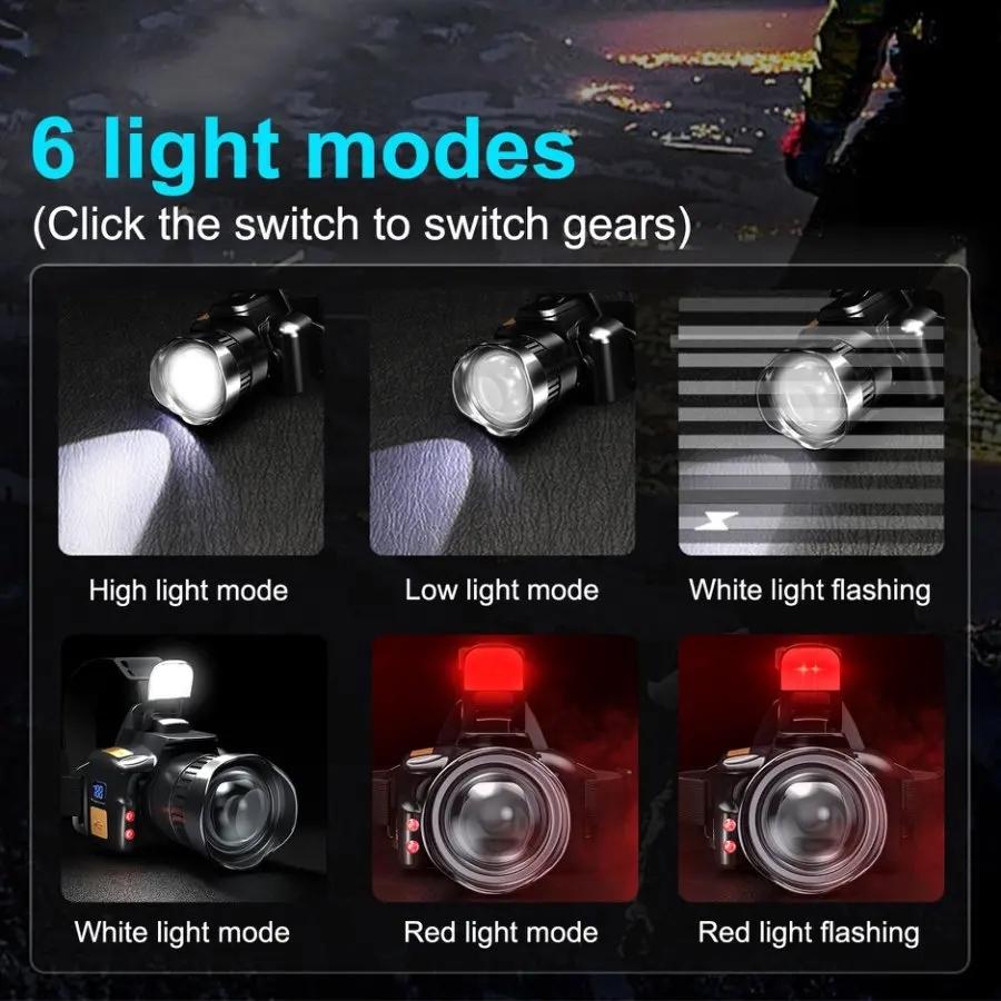 Super Bright LED Headlamp Zoomable White/yellow/blue/red Rechargeable Headlight Suitable for Outdoor Fishing Camping
