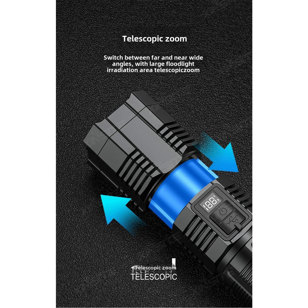 USB Charging Super Bright LED Flashlight 3 Mode Zoom torch with Digital Power Display for outdoor camping fishing hiking cycling