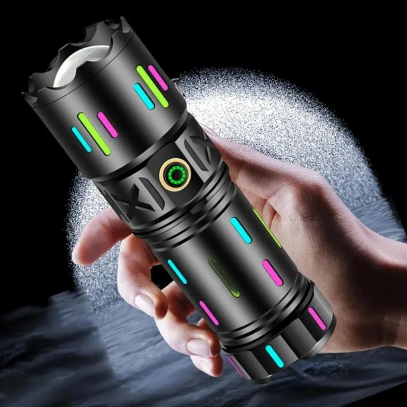 Super Bright LED Zoomable Flashlight 5 Lighting Modes Rechargeable Torch with Fluorescent for Camping Hiking Fishing