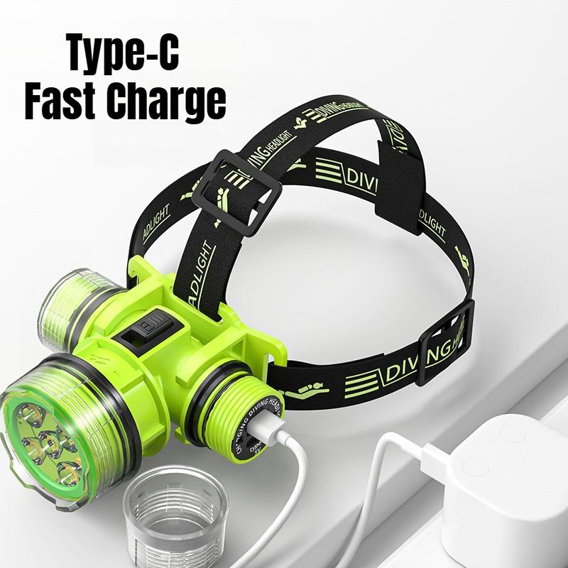 Super Bright LED Diving Headlight Type-c Charging Underwater IPX8 Waterproof Headlamp with 90° Adjustable for Diving Fishing Photography
