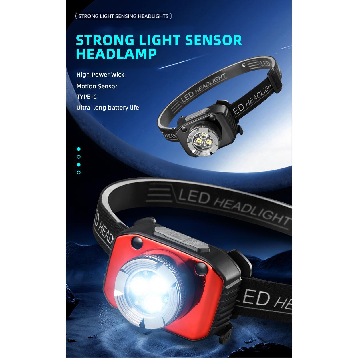 Super Bright 3LED Motion Sensor Headlamp USB Rechargeable Headlight for Outdoor Camping Hiking Fishing Cycling Climbing