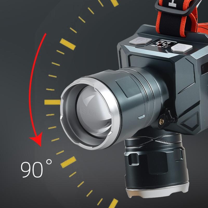 Super Bright LED Rechargeable Headlight 4 Light Sources Zoomable Induction Headlamp with Power Display for Fishing Camping Hiking Cycling