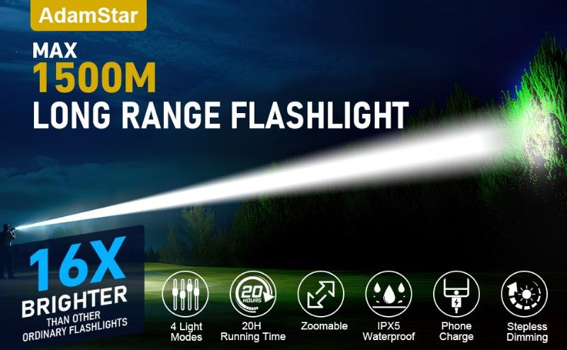 Super Bright LED Zoomable Flashlight 4 Lighting Modes Waterproof Torch with Power Display Portable Lighting for Camping Hiking Exploration