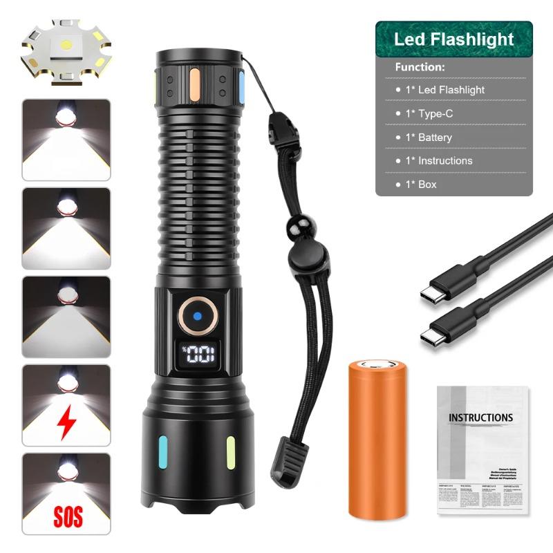 Ultra Bright LED Zoomable Flashlight 5 Lighting Modes Rechargeable Torch with COB Side Light for Hiking Fishing Maintenance