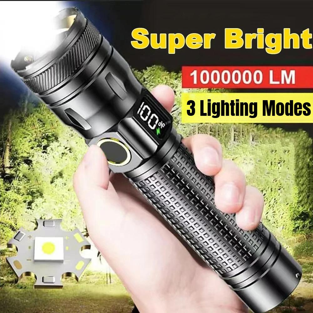 Ultra Bright LED Zoomable Flashlight 3 Lighting Modes TYPE-C Charging Torch with Power Display for Camping Hiking Fishing Emergency Lighting