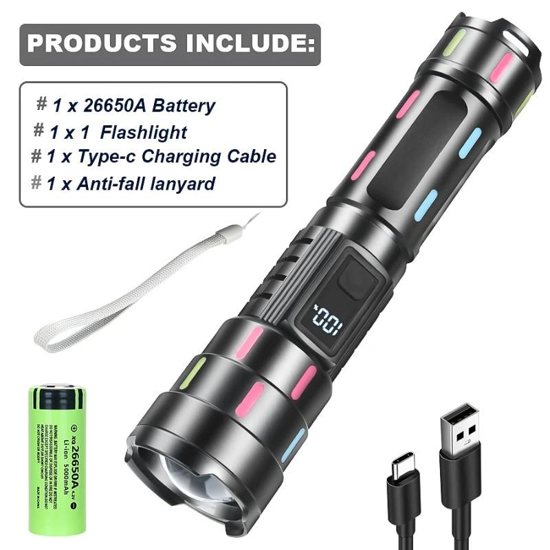 Ultra Powerful LED Zoomable Flashlight 5 Lighting Modes Rechargeable Waterproof Torch with Power Display for Camping Fishing Emergency