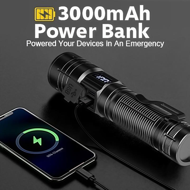 Super Bright LED Zoomable Flashlight 4 Lighting Modes Waterproof Torch with Power Display Portable Lighting for Camping Hiking Exploration