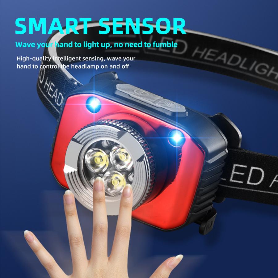 Super Bright 3LED Motion Sensor Headlamp USB Rechargeable Headlight for Outdoor Camping Hiking Fishing Cycling Climbing