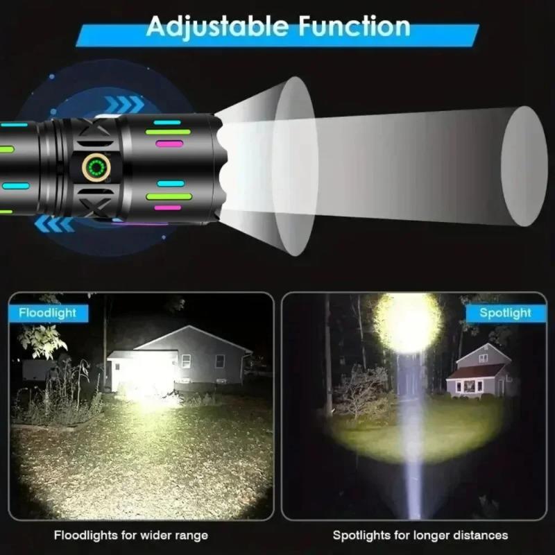 Super Bright LED Zoomable Flashlight 5 Lighting Modes Rechargeable Torch with Fluorescent for Camping Hiking Fishing