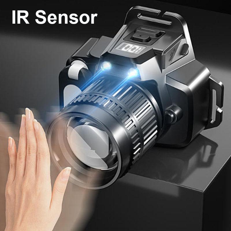 Ultra Bright LED Rotary Zoom Headlight 6 Lighting Modes Induction Waterproof Headlamp with red&blue COB light for Hiking Fishing Repair