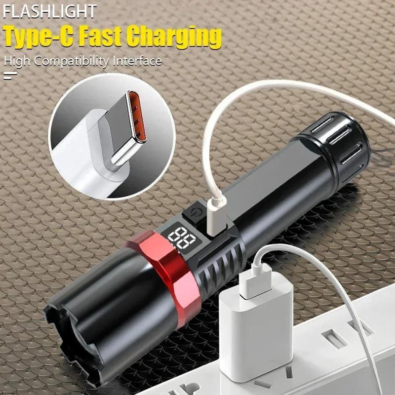 Ultra Bright LED Zoomable Flashlight  Multifunction USB Charge Torch with Power Display for Outdoor Camping Hiking Fishing