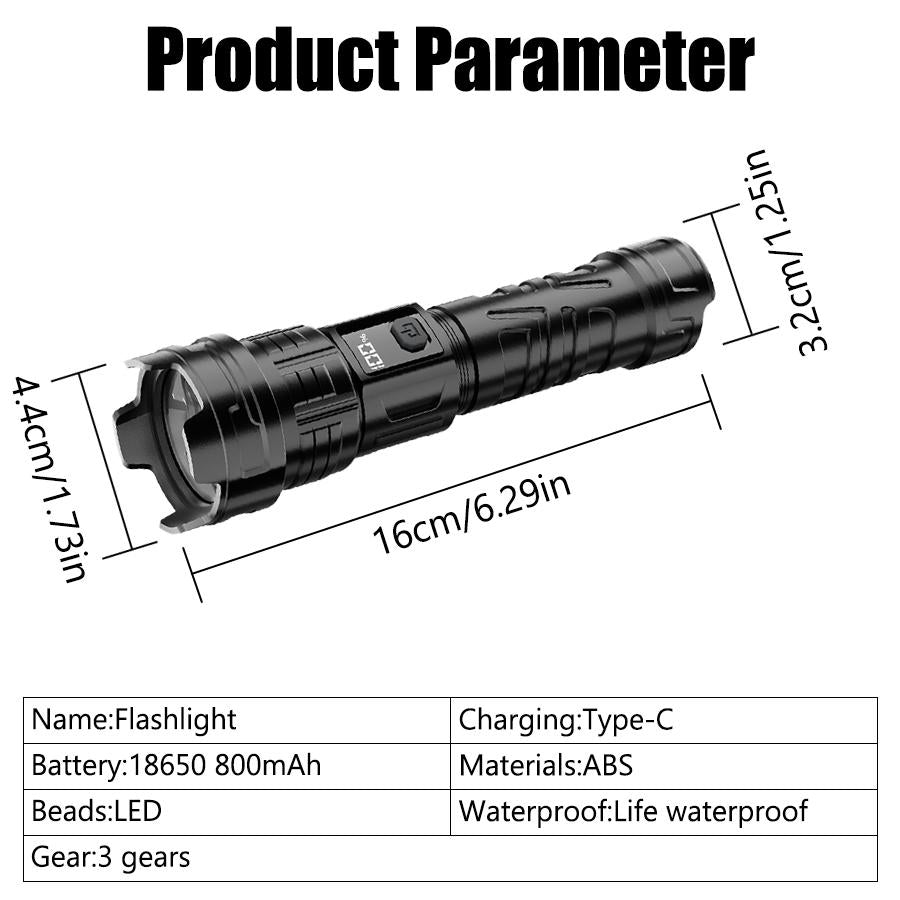 Super Bright LED Rechargeable Flashlight 3 Lighting Modes Zoomable Portable Torch with Power Display for Emergency Camping Hiking