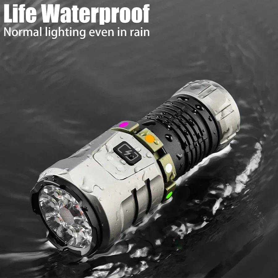 Super Bright Led Rechargeable Alloy Flashlight Multifunction 8 Lighting Modes Zoomable Torch with Red Warning for Outdoor Hiking Fishing Dog Walk