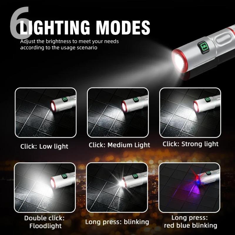 Super Bright LED USB Rechargeable Flashlight 6 Lighting Modes Zoomable Keychain Torch with Hook for Camping Hiking Night Fishing Climbing