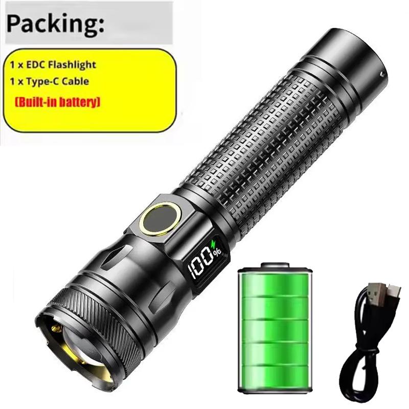 Ultra Bright LED Zoomable Flashlight 3 Lighting Modes TYPE-C Charging Torch with Power Display for Camping Hiking Fishing Emergency Lighting