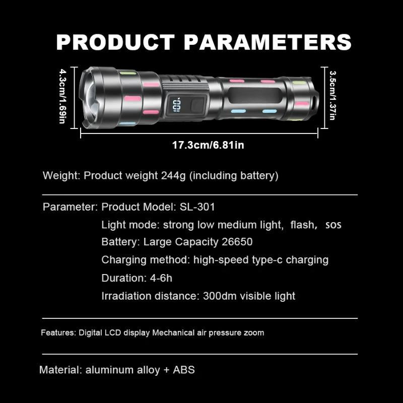 Ultra Powerful LED Zoomable Flashlight 5 Lighting Modes Rechargeable Waterproof Torch with Power Display for Camping Fishing Emergency