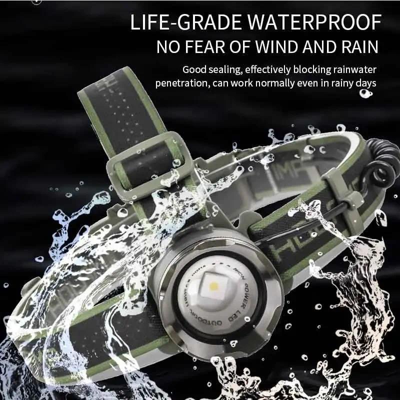 Ultra Bright LED Zoomable Headlight Rechargeable High Lumens Waterproof HeadLamp with Red Warning Light for Hiking Cycling Fishing