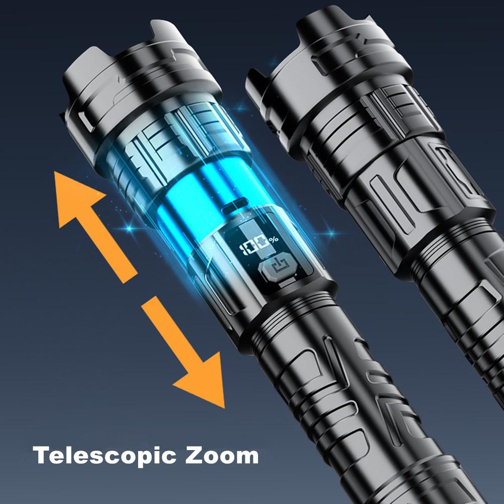 Super Bright Powerful LED Flashlight USB charging zoomable Torch with power display for outdoor camping hiking fishing picnic