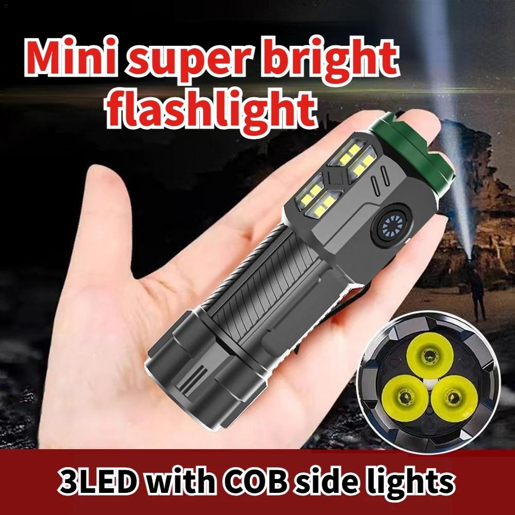 Super Bright 3LED Flashlight with Cap clips USB Recharge Mini Torch with COB Side Light Car Repair Working Lights for Outdoor Camping Hiking Fishing Cycling