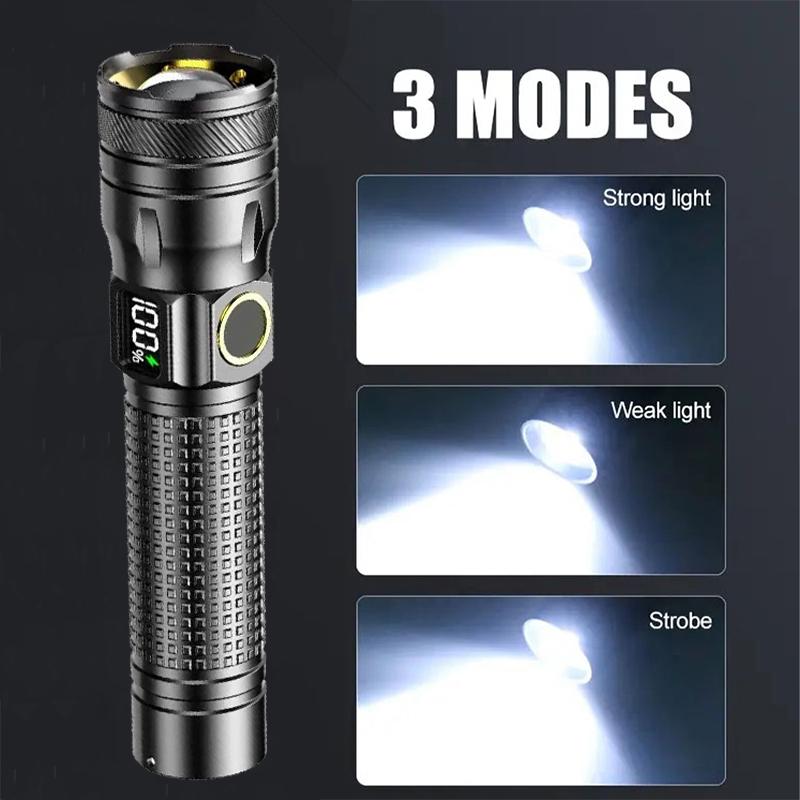 Ultra Bright LED Zoomable Flashlight 3 Lighting Modes TYPE-C Charging Torch with Power Display for Camping Hiking Fishing Emergency Lighting