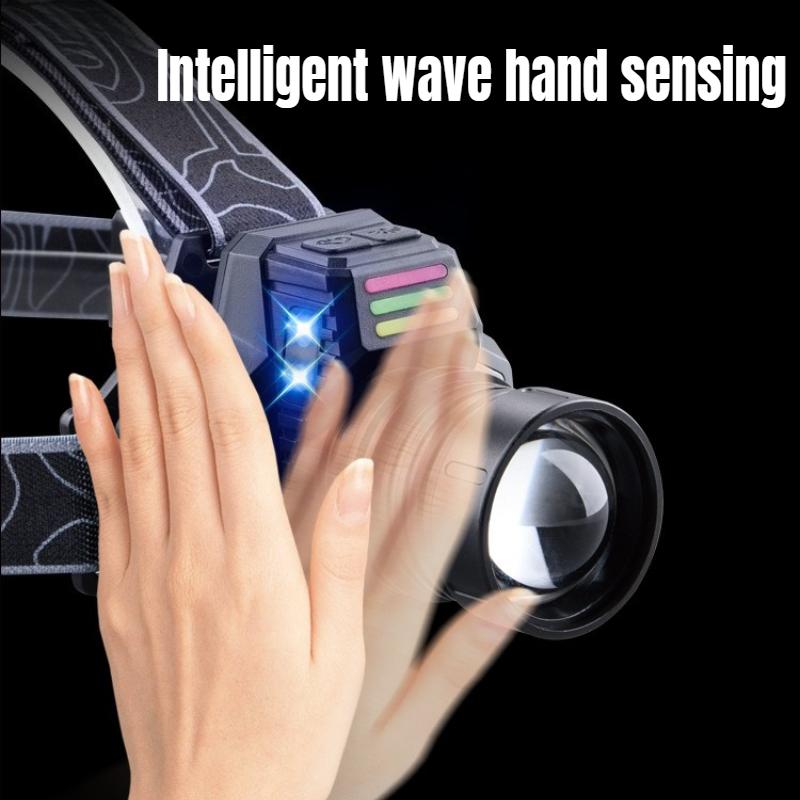 Ultra Bright LED Zoomable Headlight 4 Light Source Induction Headlamp with Red&white COB Side Light for Camping Fishing Hiking Cycling