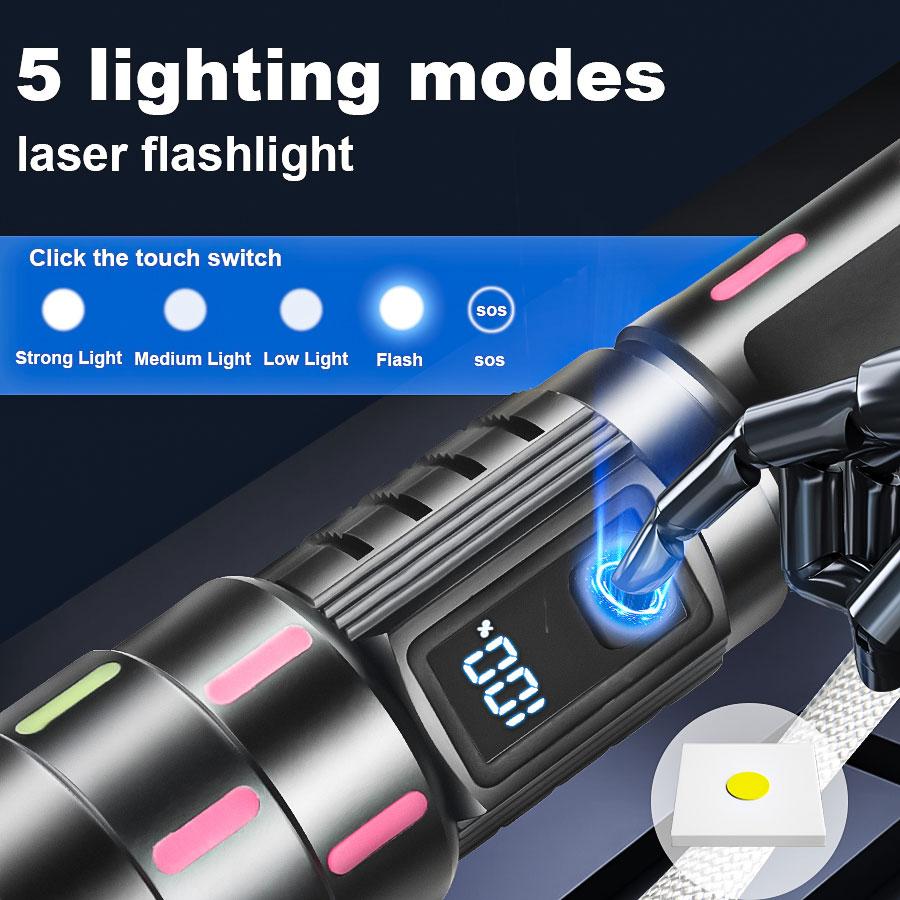 Ultra Powerful LED Zoomable Flashlight 5 Lighting Modes Rechargeable Waterproof Torch with Power Display for Camping Fishing Emergency